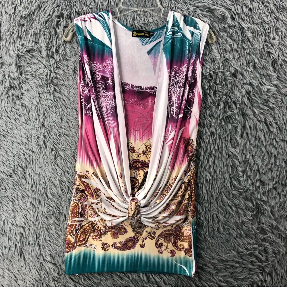 Shoreline Blouse Womens Small Medium Embellished Heart Drape Front Sleeveless